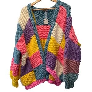 BYDNA Handmade Chunky Knit Cardigan Patchwork Colorful Cozy Oversized Sweater OS